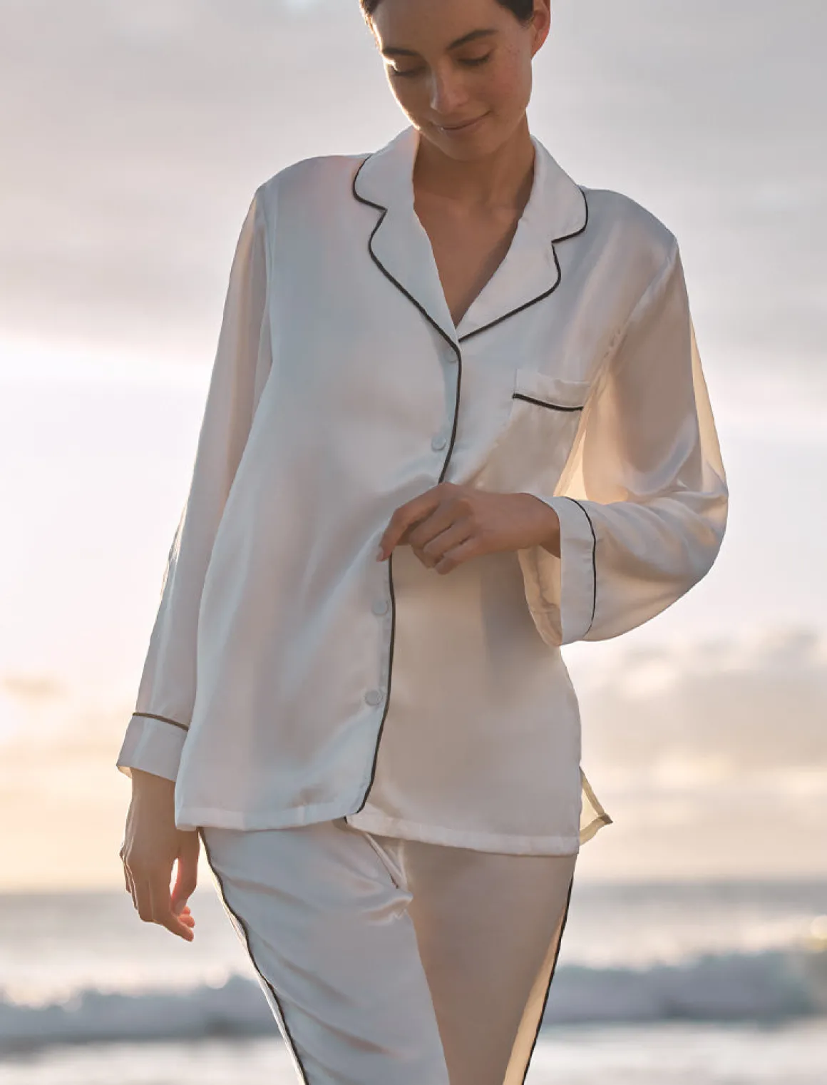 Sylvie Silk Piped Full Length PJ